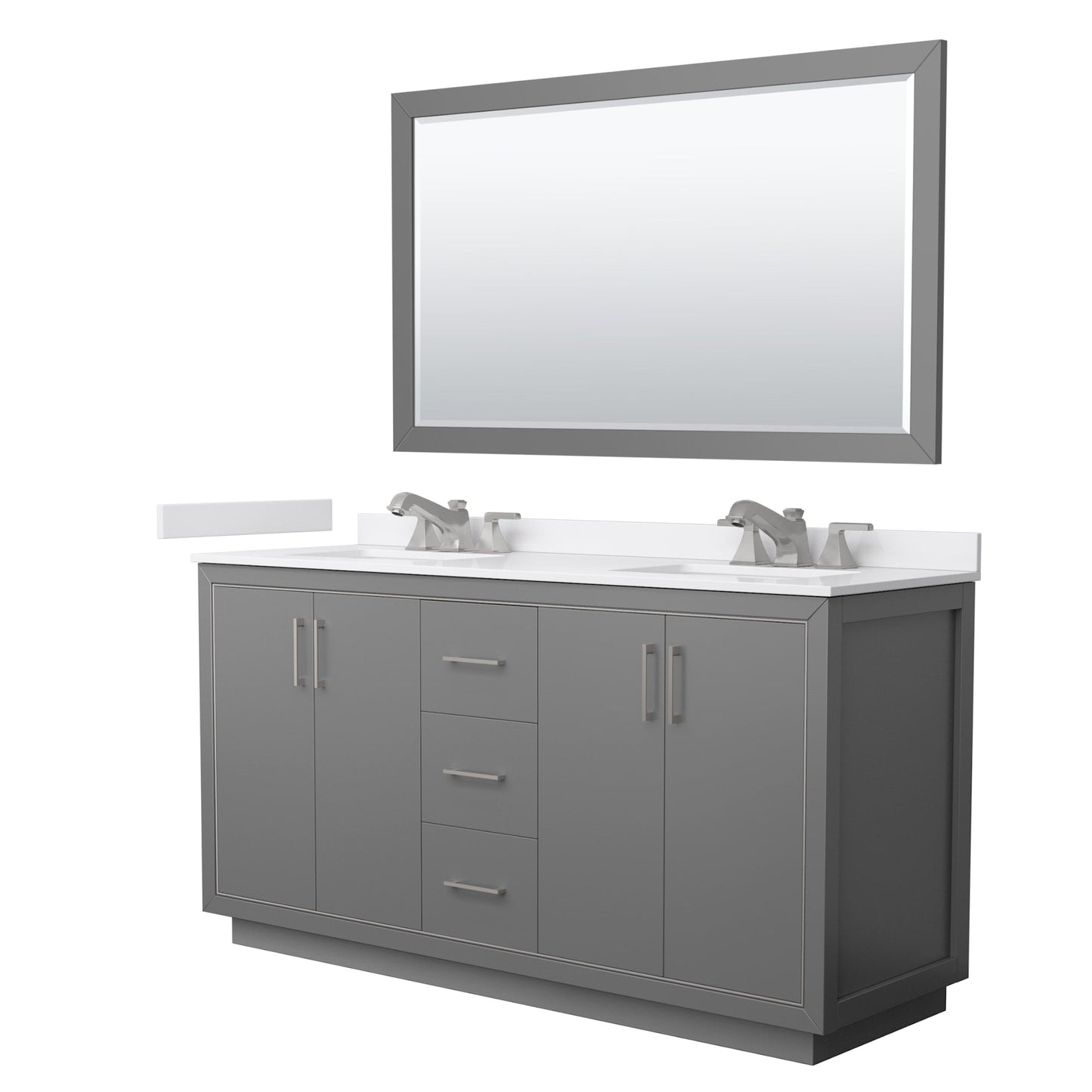 Wyndham Collection Icon 66" Double Bathroom Vanity in Dark Gray, White Cultured Marble Countertop, Undermount Square Sinks (3-Hole), Brushed Nickel Trim, 58" Mirror