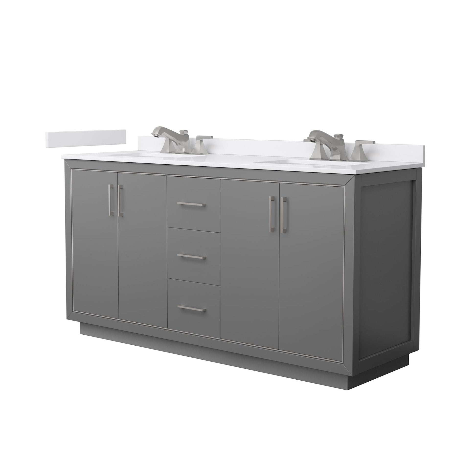 Wyndham Collection Icon 66" Double Bathroom Vanity in Dark Gray, White Cultured Marble Countertop, Undermount Square Sinks (3-Hole), Brushed Nickel Trim