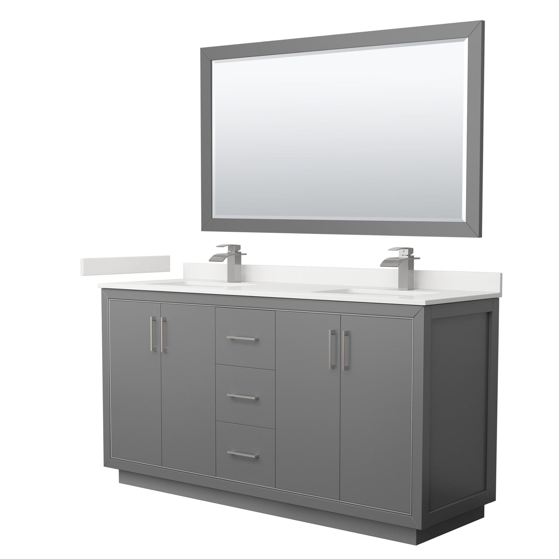 Wyndham Collection Icon 66" Double Bathroom Vanity in Dark Gray, White Quartz Countertop, Undermount Square Sinks (1-Hole), Brushed Nickel Trim, 58" Mirror