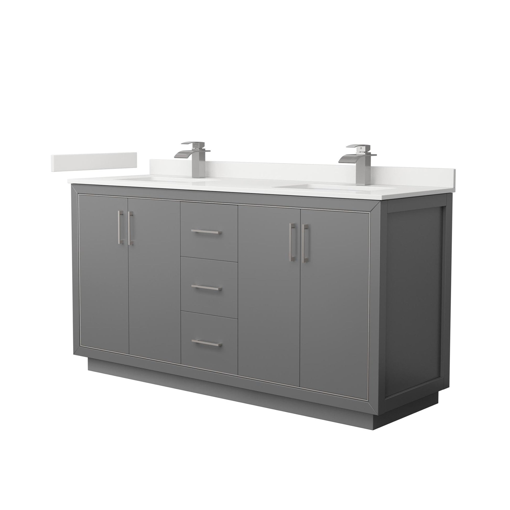 Wyndham Collection Icon 66" Double Bathroom Vanity in Dark Gray, White Quartz Countertop, Undermount Square Sinks (1-Hole), Brushed Nickel Trim