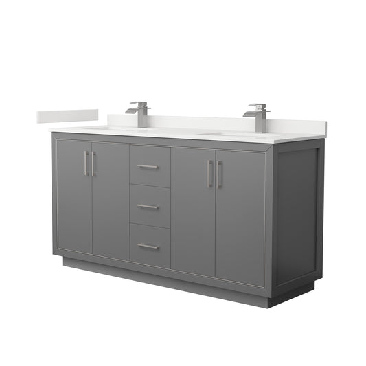 Wyndham Collection Icon 66" Double Bathroom Vanity in Dark Gray, White Quartz Countertop, Undermount Square Sinks (1-Hole), Brushed Nickel Trim