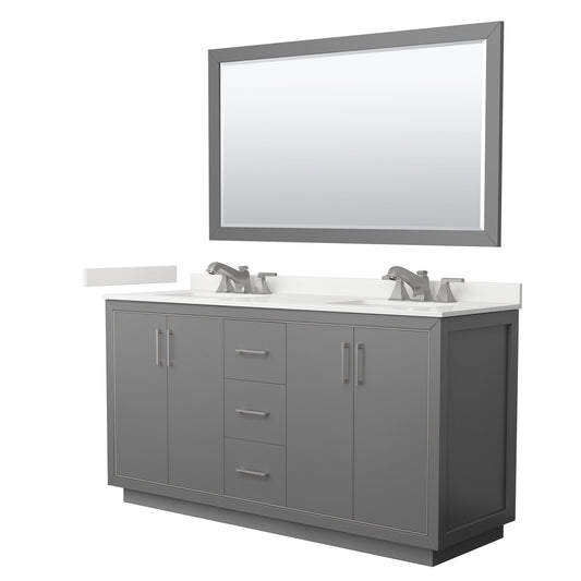 Wyndham Collection Icon 66" Double Bathroom Vanity in Dark Gray, White Quartz Countertop, Undermount Square Sinks (3-Hole), Brushed Nickel Trim, 58" Mirror