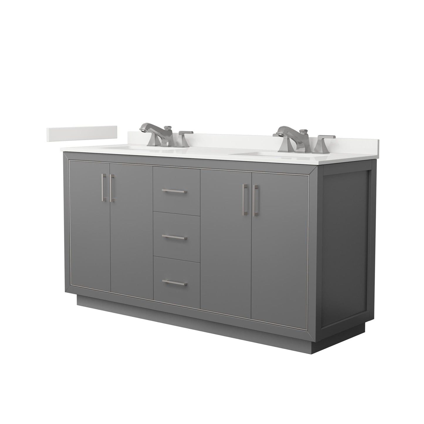Wyndham Collection Icon 66" Double Bathroom Vanity in Dark Gray, White Quartz Countertop, Undermount Square Sinks (3-Hole), Brushed Nickel Trim