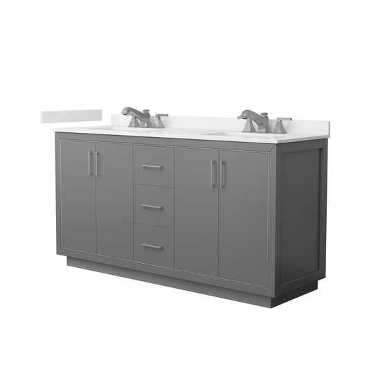 Wyndham Collection Icon 66" Double Bathroom Vanity in Dark Gray, White Quartz Countertop, Undermount Square Sinks (3-Hole), Brushed Nickel Trim