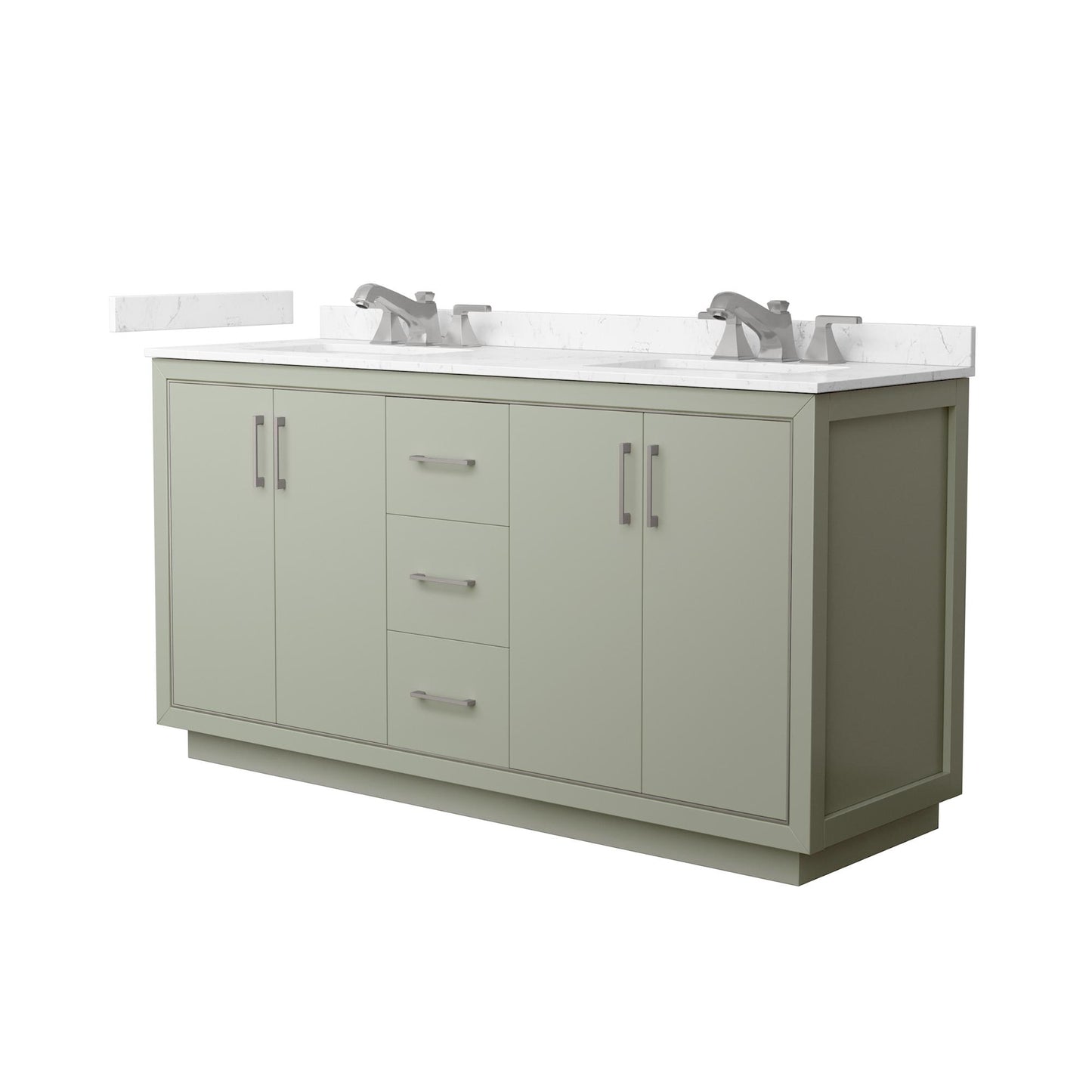 Wyndham Collection Icon 66" Double Bathroom Vanity in Light Green, Carrara Cultured Marble Countertop, Undermount Square Sinks (3-Hole), Brushed Nickel Trim