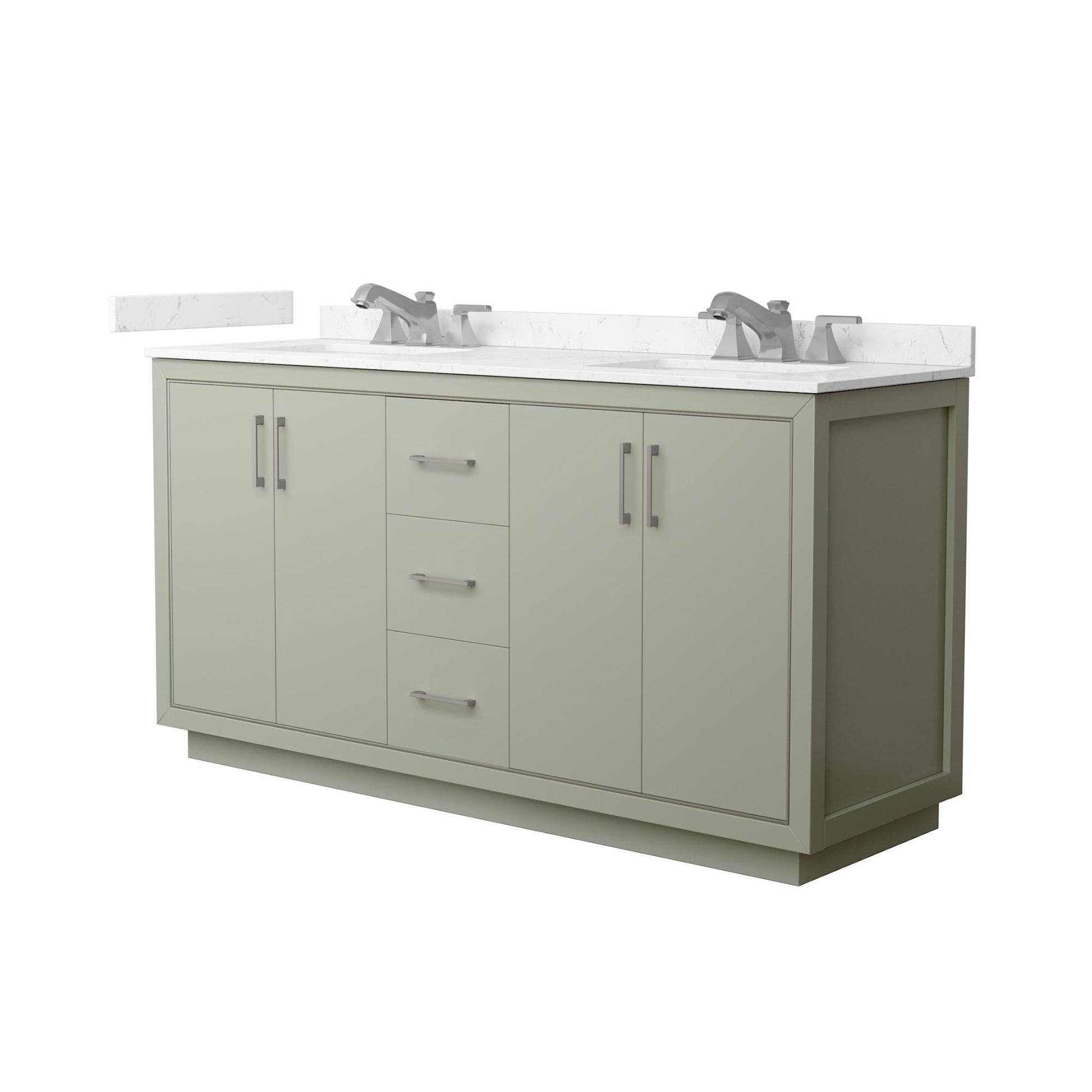 Wyndham Collection Icon 66" Double Bathroom Vanity in Light Green, Carrara Cultured Marble Countertop, Undermount Square Sinks (3-Hole), Brushed Nickel Trim