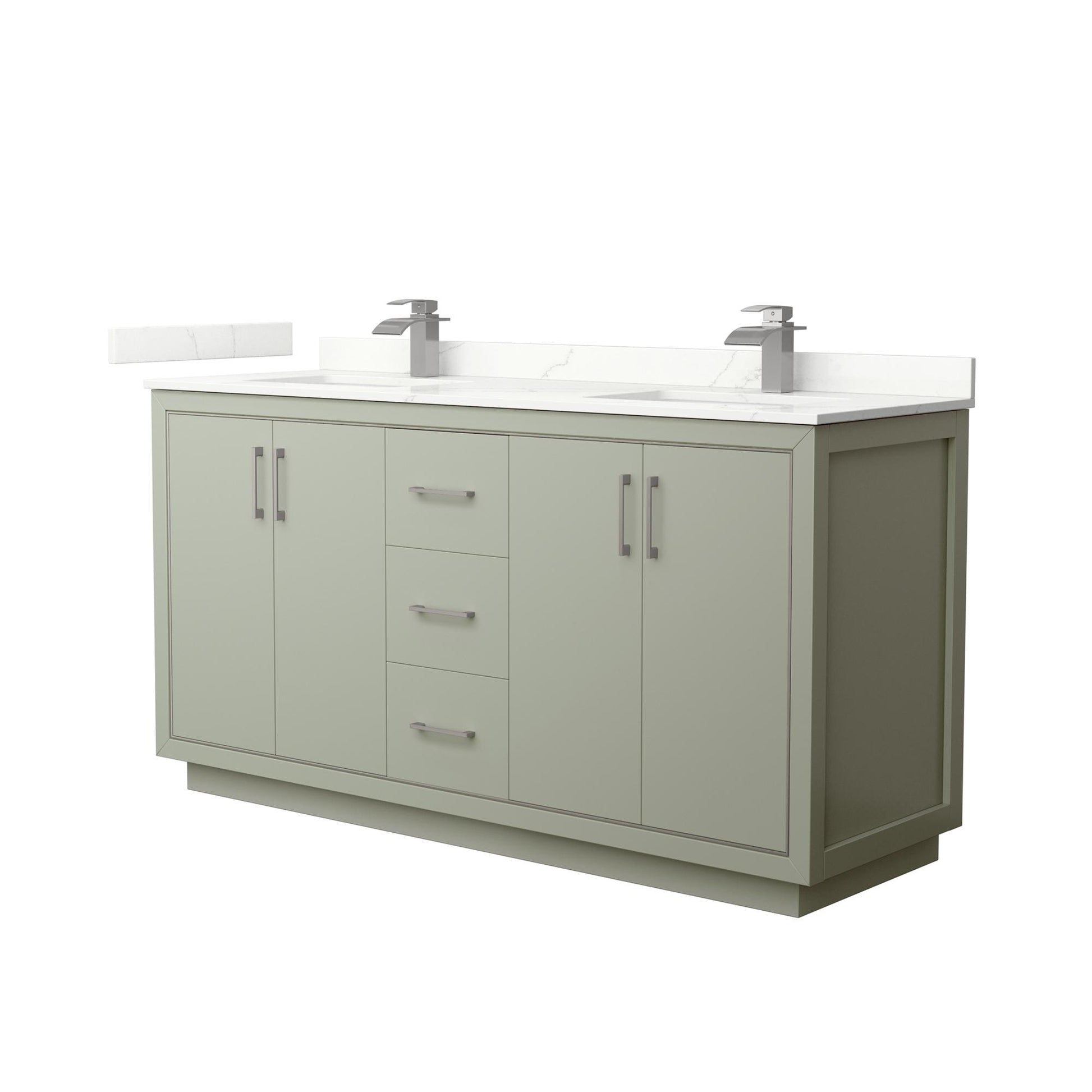 Wyndham Collection Icon 66" Double Bathroom Vanity in Light Green, Giotto Quartz Countertop, Undermount Square Sinks (1-Hole), Brushed Nickel Trim