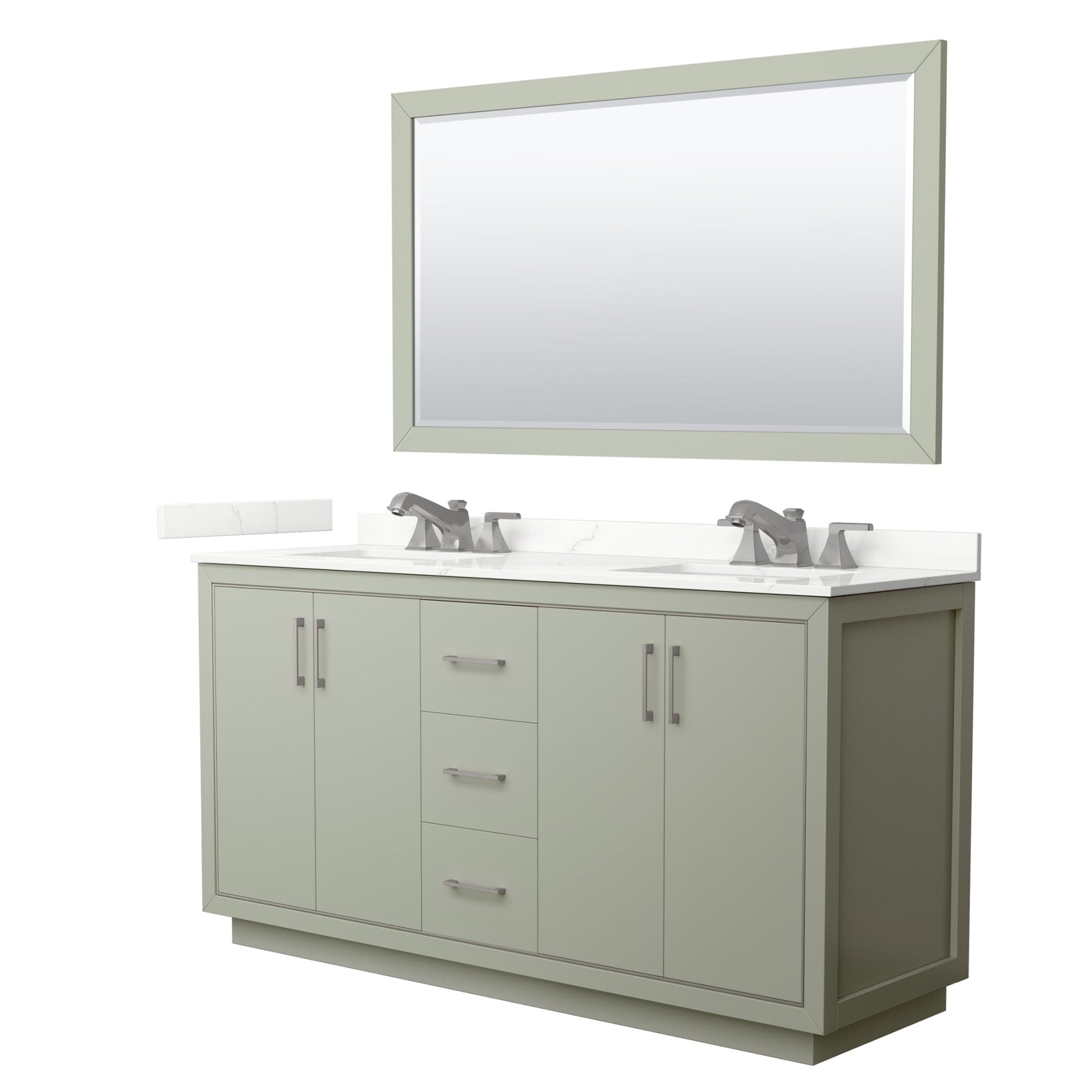 Wyndham Collection Icon 66" Double Bathroom Vanity in Light Green, Giotto Quartz Countertop, Undermount Square Sinks (3-Hole), Brushed Nickel Trim, 58" Mirror