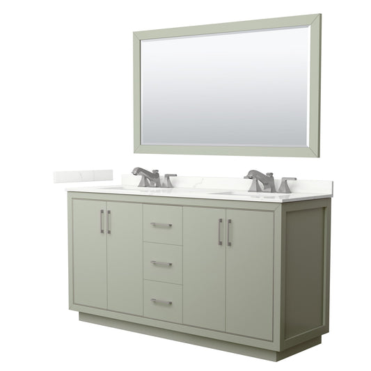 Wyndham Collection Icon 66" Double Bathroom Vanity in Light Green, Giotto Quartz Countertop, Undermount Square Sinks (3-Hole), Brushed Nickel Trim, 58" Mirror