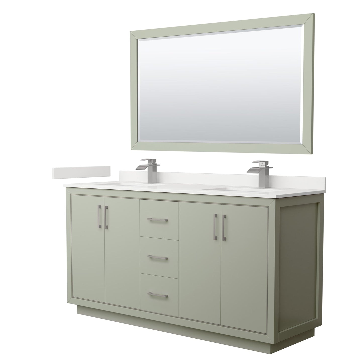 Wyndham Collection Icon 66" Double Bathroom Vanity in Light Green, White Quartz Countertop, Undermount Square Sinks (1-Hole), Brushed Nickel Trim, 58" Mirror