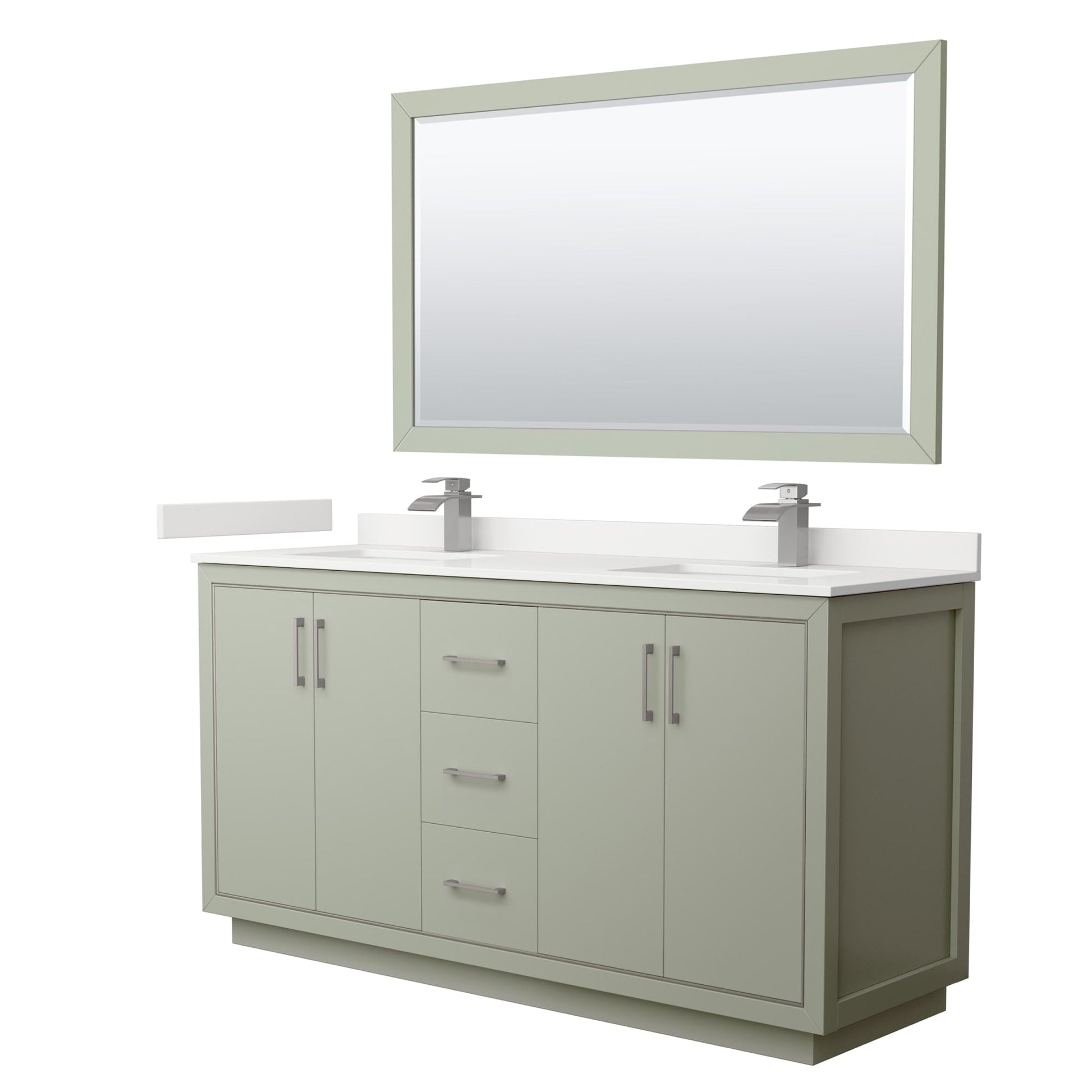 Wyndham Collection Icon 66" Double Bathroom Vanity in Light Green, White Quartz Countertop, Undermount Square Sinks (1-Hole), Brushed Nickel Trim, 58" Mirror