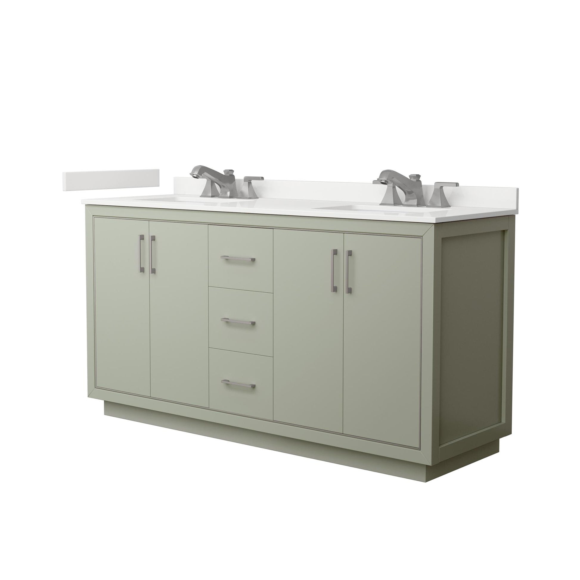 Wyndham Collection Icon 66" Double Bathroom Vanity in Light Green, White Quartz Countertop, Undermount Square Sinks (3-Hole), Brushed Nickel Trim