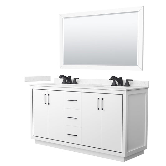 Wyndham Collection Icon 66" Double Bathroom Vanity in White, Carrara Cultured Marble Countertop, Undermount Square Sinks (3-Hole), Matte Black Trim, 58" Mirror
