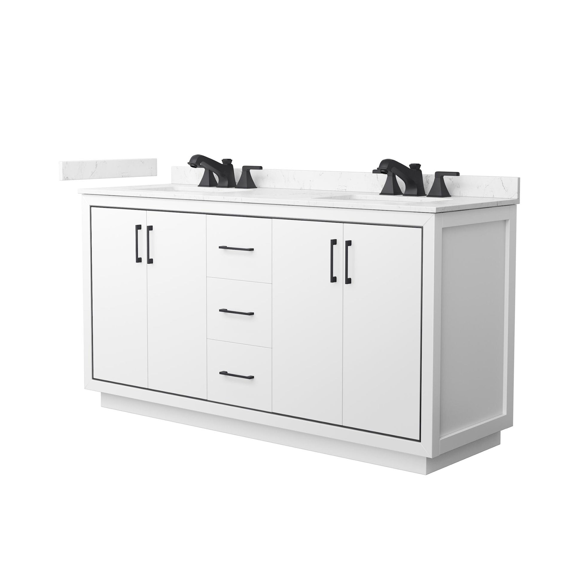 Wyndham Collection Icon 66" Double Bathroom Vanity in White, Carrara Cultured Marble Countertop, Undermount Square Sinks (3-Hole), Matte Black Trim