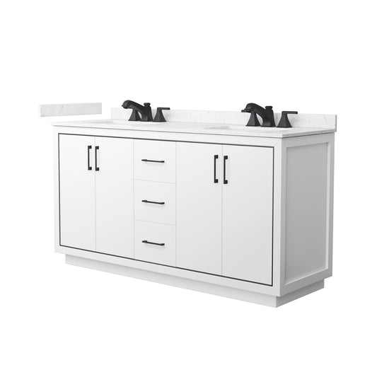 Wyndham Collection Icon 66" Double Bathroom Vanity in White, Carrara Cultured Marble Countertop, Undermount Square Sinks (3-Hole), Matte Black Trim