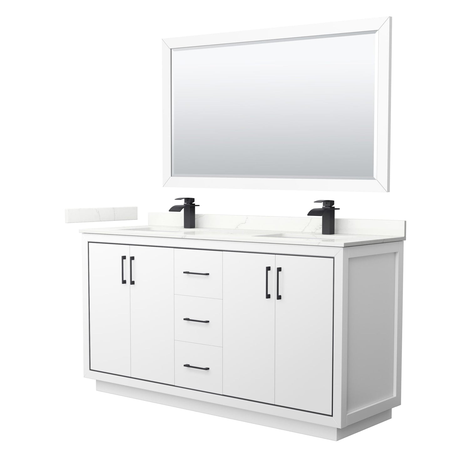 Wyndham Collection Icon 66" Double Bathroom Vanity in White, Giotto Quartz Countertop, Undermount Square Sinks (1-Hole), Matte Black Trim, 58" Mirror