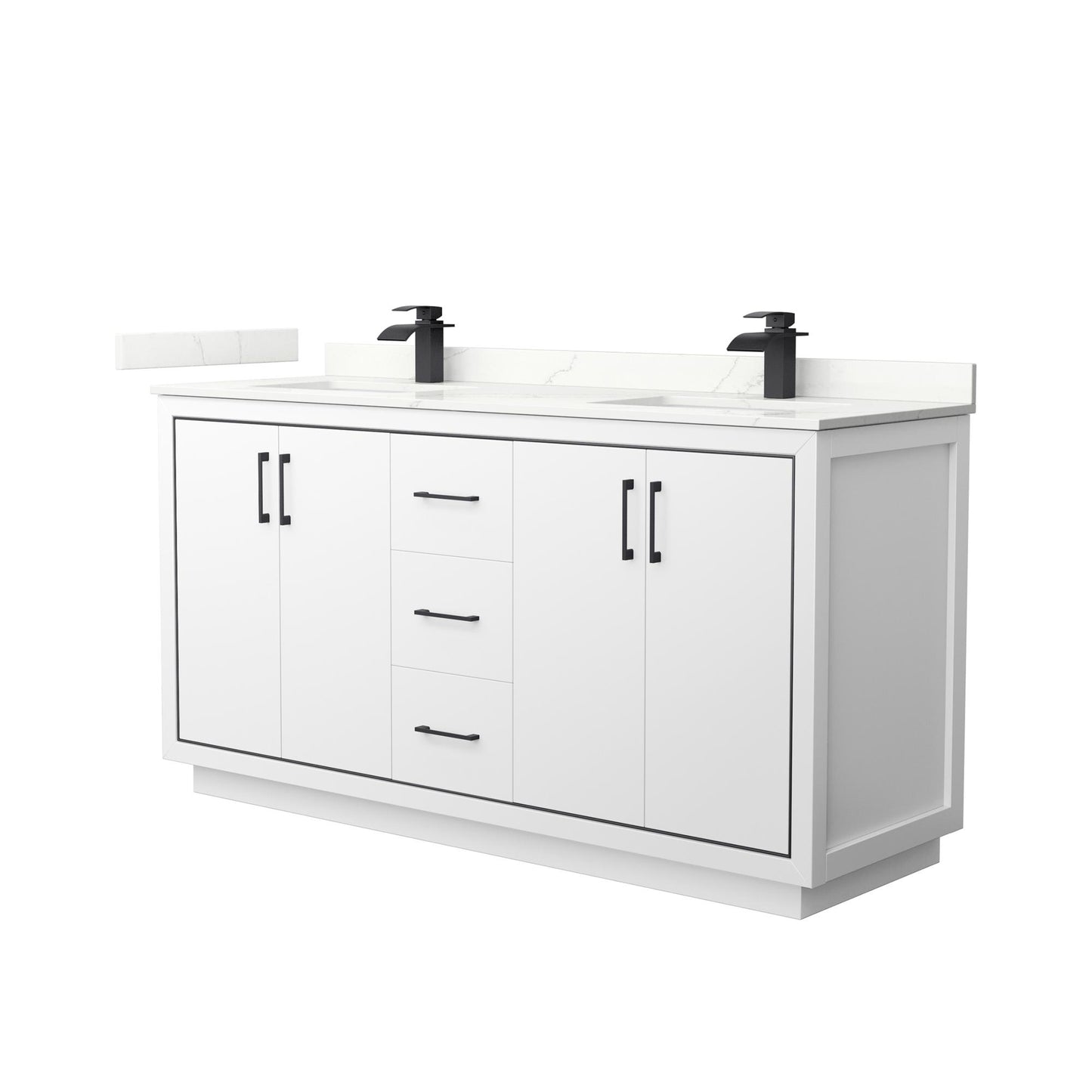 Wyndham Collection Icon 66" Double Bathroom Vanity in White, Giotto Quartz Countertop, Undermount Square Sinks (1-Hole), Matte Black Trim