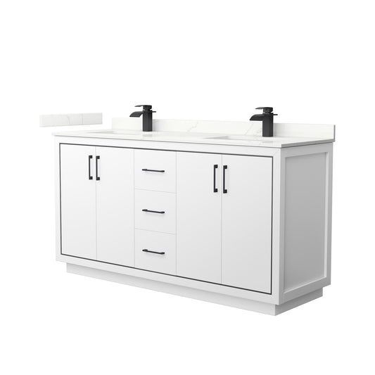 Wyndham Collection Icon 66" Double Bathroom Vanity in White, Giotto Quartz Countertop, Undermount Square Sinks (1-Hole), Matte Black Trim