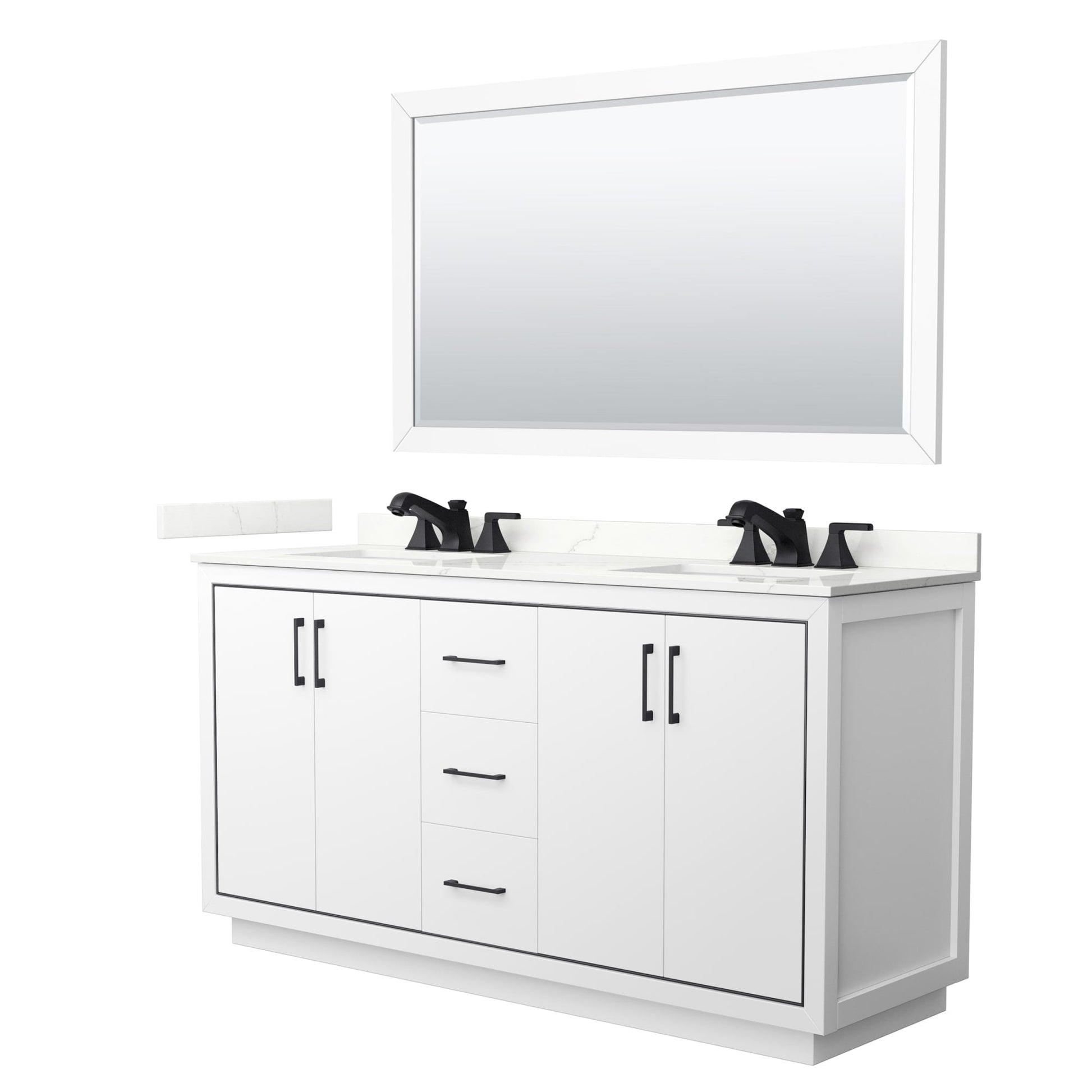 Wyndham Collection Icon 66" Double Bathroom Vanity in White, Giotto Quartz Countertop, Undermount Square Sinks (3-Hole), Matte Black Trim, 58" Mirror