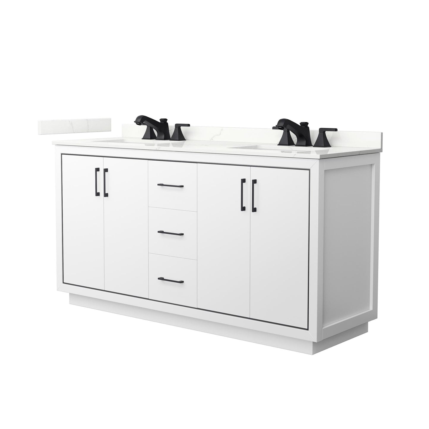 Wyndham Collection Icon 66" Double Bathroom Vanity in White, Giotto Quartz Countertop, Undermount Square Sinks (3-Hole), Matte Black Trim