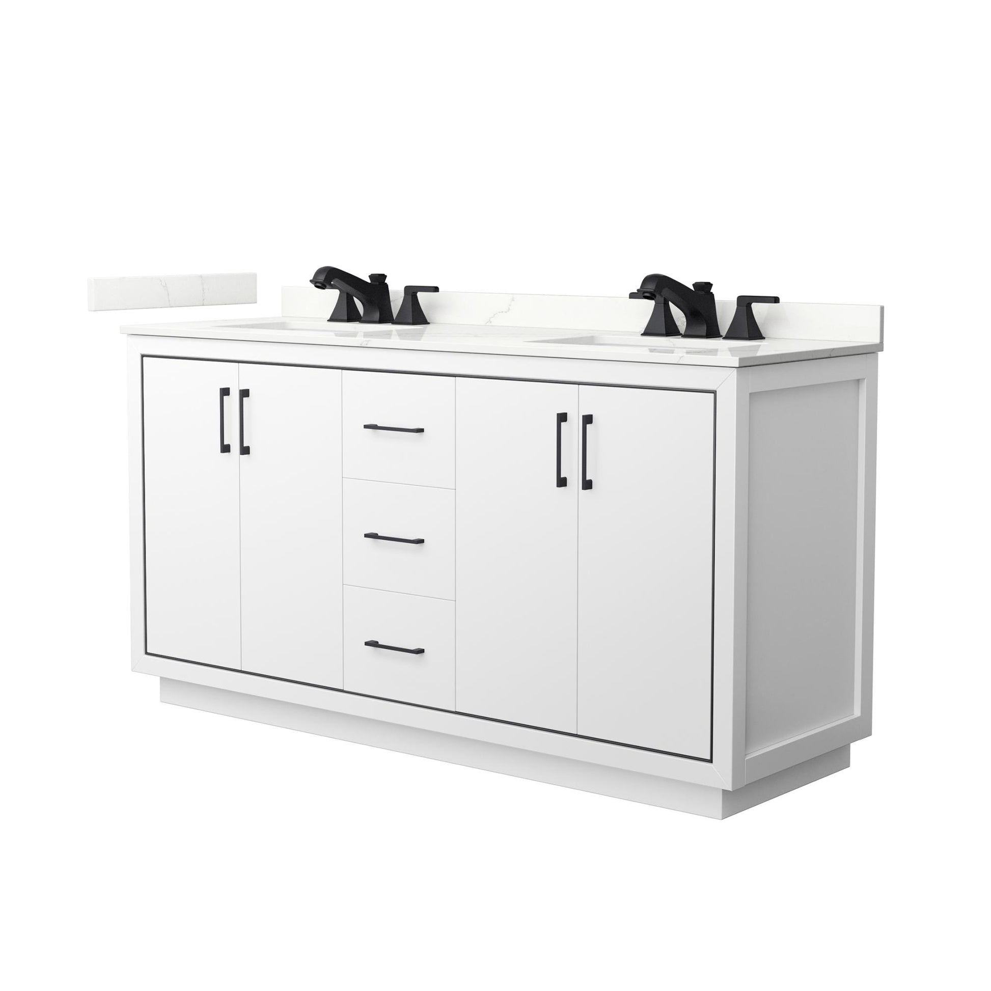 Wyndham Collection Icon 66" Double Bathroom Vanity in White, Giotto Quartz Countertop, Undermount Square Sinks (3-Hole), Matte Black Trim