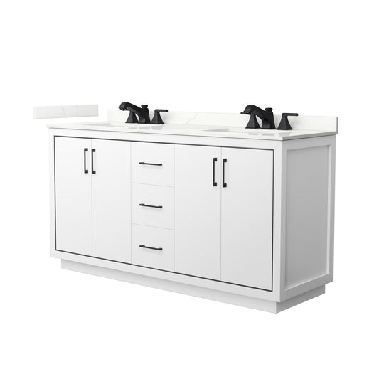 Wyndham Collection Icon 66" Double Bathroom Vanity in White, Giotto Quartz Countertop, Undermount Square Sinks (3-Hole), Matte Black Trim