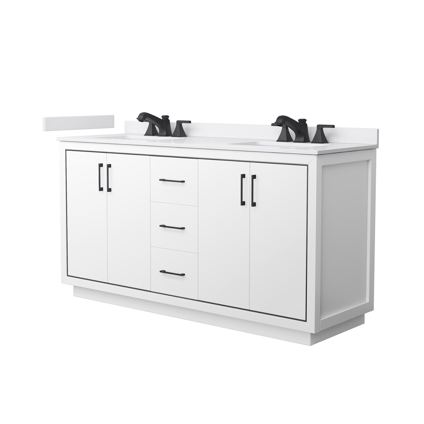 Wyndham Collection Icon 66" Double Bathroom Vanity in White, White Cultured Marble Countertop, Undermount Square Sinks (3-Hole), Matte Black Trim