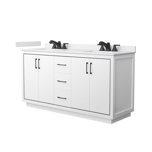 Wyndham Collection Icon 66" Double Bathroom Vanity in White, White Cultured Marble Countertop, Undermount Square Sinks (3-Hole), Matte Black Trim