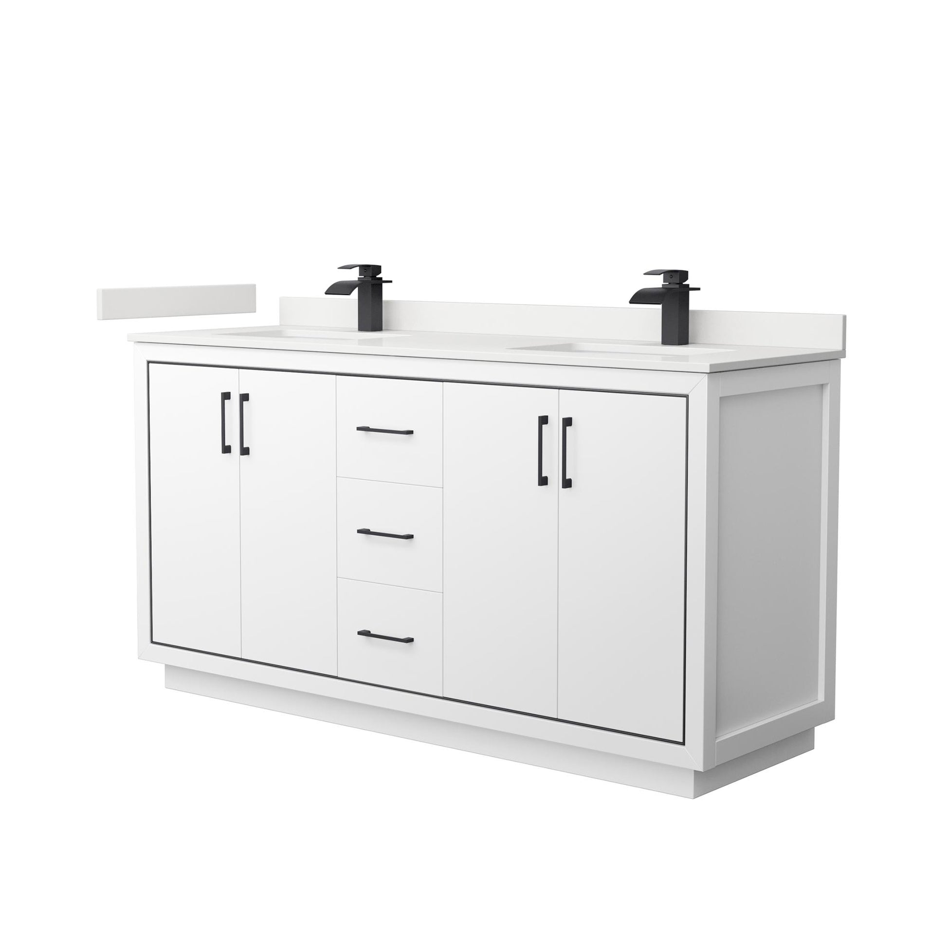 Wyndham Collection Icon 66" Double Bathroom Vanity in White, White Quartz Countertop, Undermount Square Sinks (1-Hole), Matte Black Trim