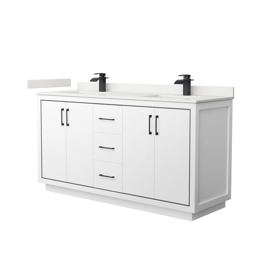 Wyndham Collection Icon 66" Double Bathroom Vanity in White, White Quartz Countertop, Undermount Square Sinks (1-Hole), Matte Black Trim