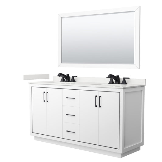 Wyndham Collection Icon 66" Double Bathroom Vanity in White, White Quartz Countertop, Undermount Square Sinks (3-Hole), Matte Black Trim, 58" Mirror