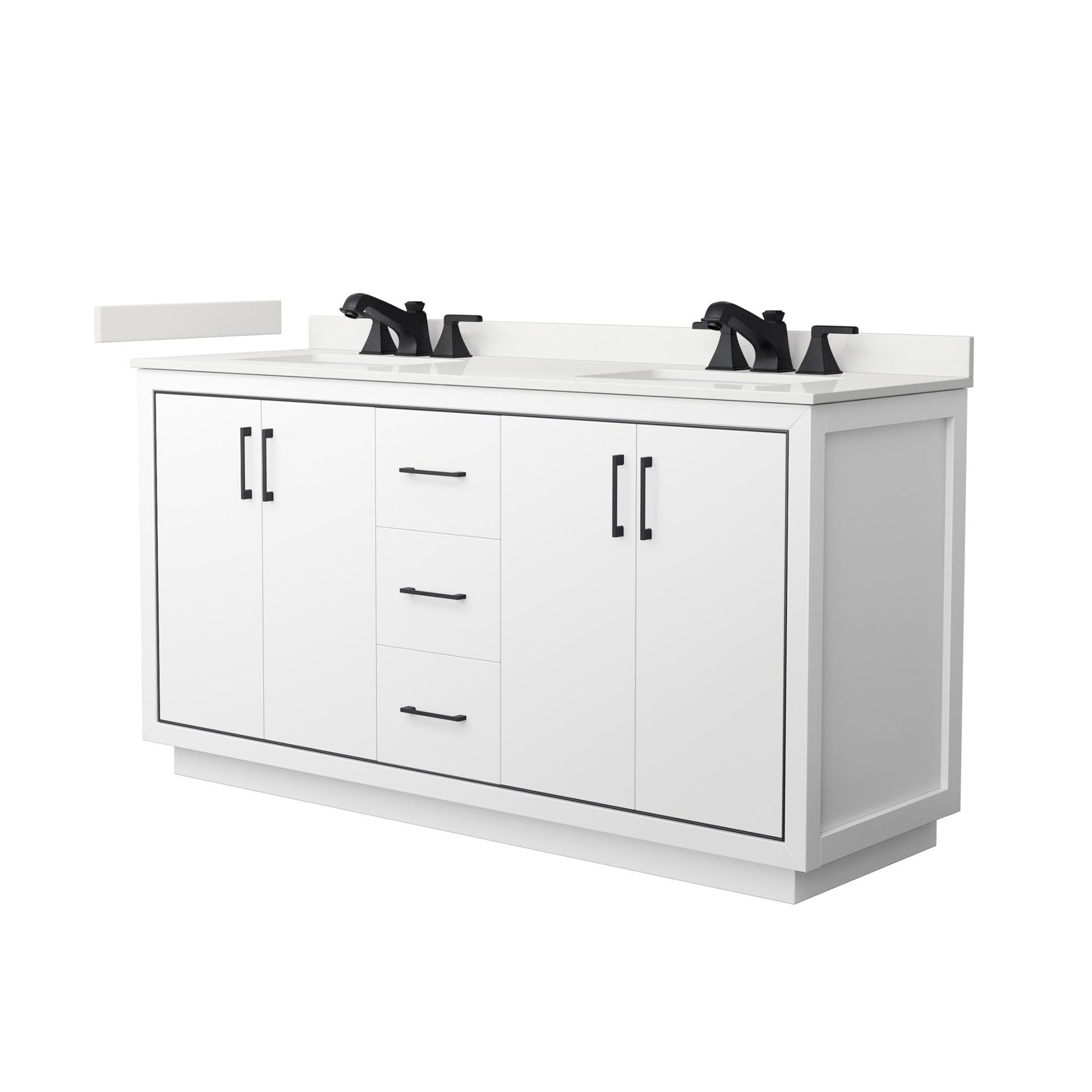 Wyndham Collection Icon 66" Double Bathroom Vanity in White, White Quartz Countertop, Undermount Square Sinks (3-Hole), Matte Black Trim