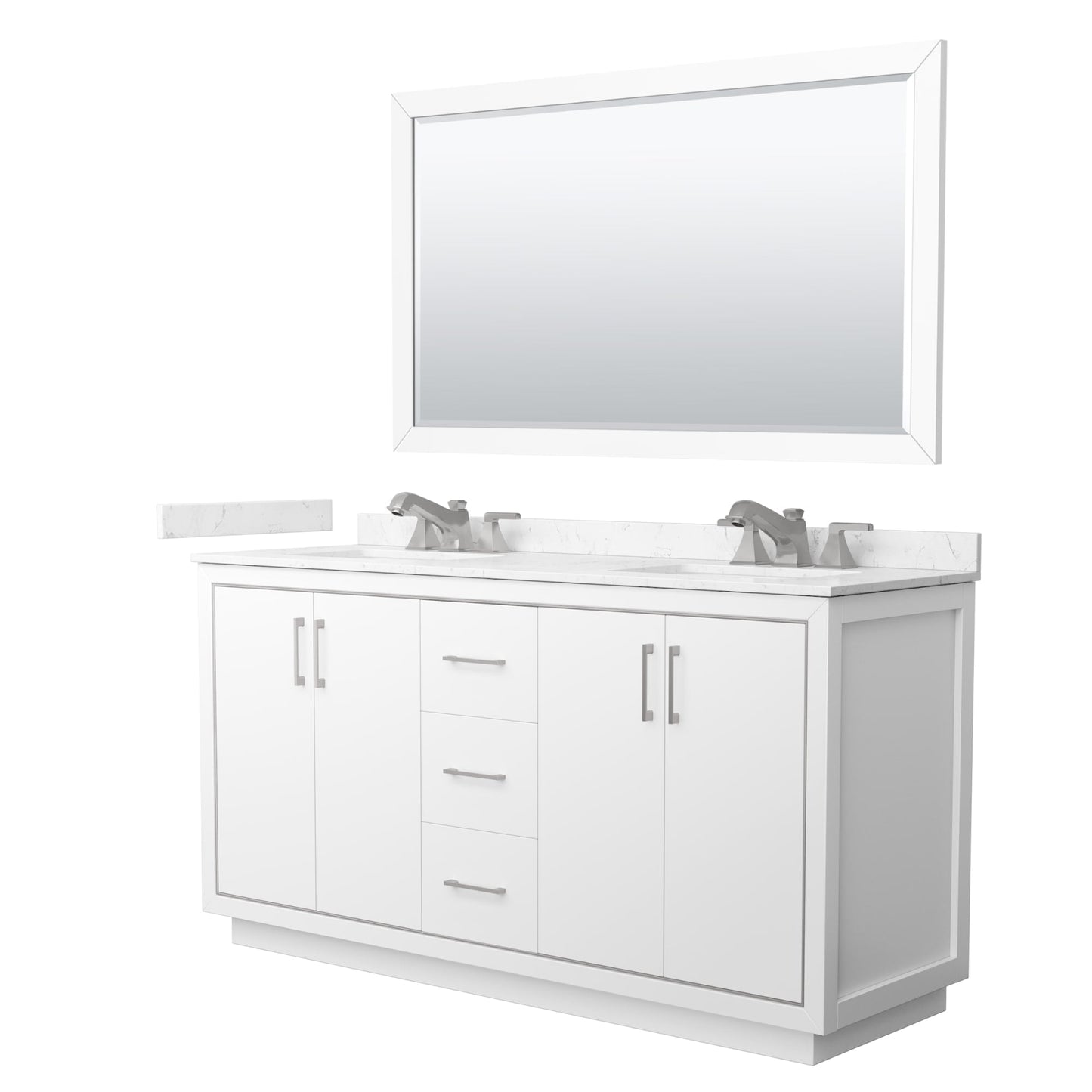 Wyndham Collection Icon 66" Double Bathroom Vanity in White, Carrara Cultured Marble Countertop, Undermount Square Sinks (3-Hole), Brushed Nickel Trim, 58" Mirror
