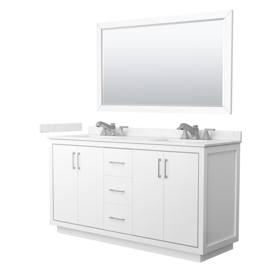 Wyndham Collection Icon 66" Double Bathroom Vanity in White, Carrara Cultured Marble Countertop, Undermount Square Sinks (3-Hole), Brushed Nickel Trim, 58" Mirror
