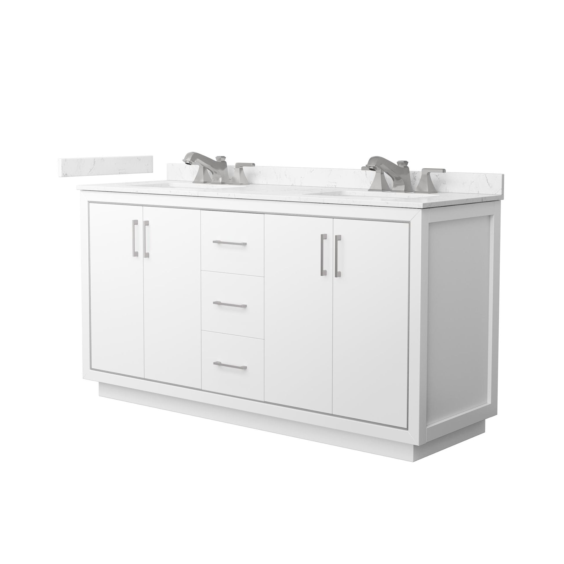 Wyndham Collection Icon 66" Double Bathroom Vanity in White, Carrara Cultured Marble Countertop, Undermount Square Sinks (3-Hole), Brushed Nickel Trim