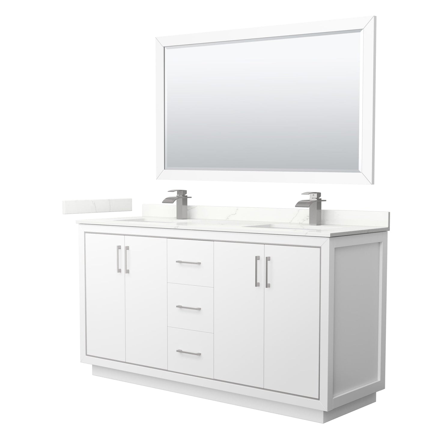 Wyndham Collection Icon 66" Double Bathroom Vanity in White, Giotto Quartz Countertop, Undermount Square Sinks (1-Hole), Brushed Nickel Trim, 58" Mirror