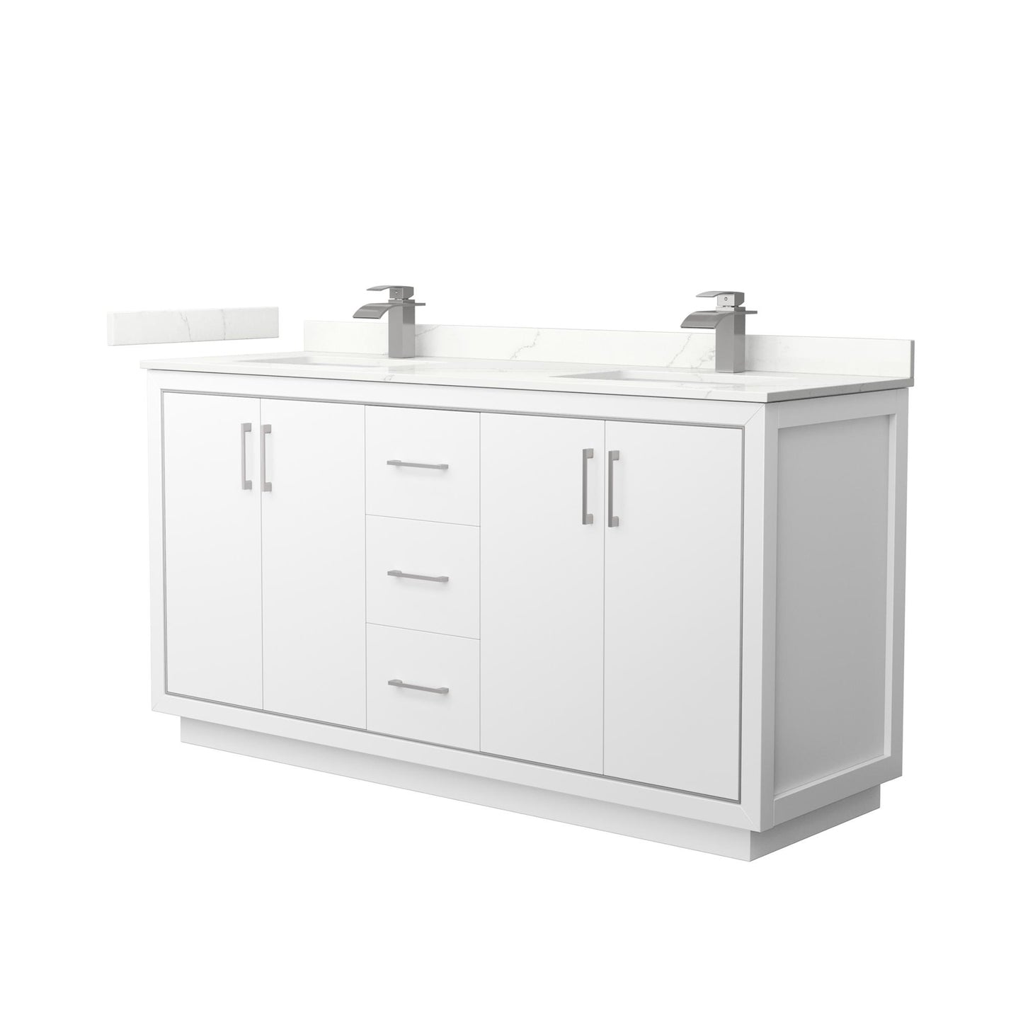 Wyndham Collection Icon 66" Double Bathroom Vanity in White, Giotto Quartz Countertop, Undermount Square Sinks (1-Hole), Brushed Nickel Trim