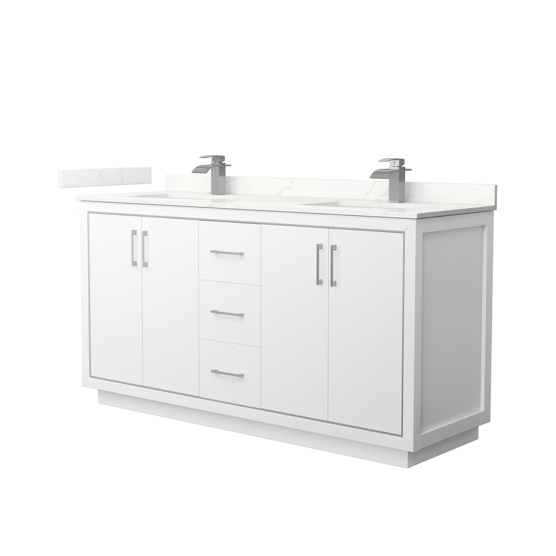 Wyndham Collection Icon 66" Double Bathroom Vanity in White, Giotto Quartz Countertop, Undermount Square Sinks (1-Hole), Brushed Nickel Trim
