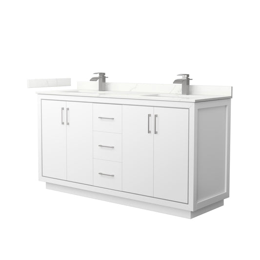 Wyndham Collection Icon 66" Double Bathroom Vanity in White, Giotto Quartz Countertop, Undermount Square Sinks (1-Hole), Brushed Nickel Trim
