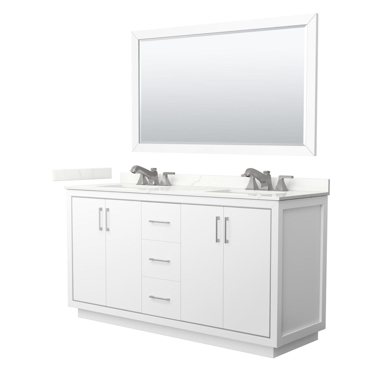 Wyndham Collection Icon 66" Double Bathroom Vanity in White, Giotto Quartz Countertop, Undermount Square Sinks (3-Hole), Brushed Nickel Trim, 58" Mirror