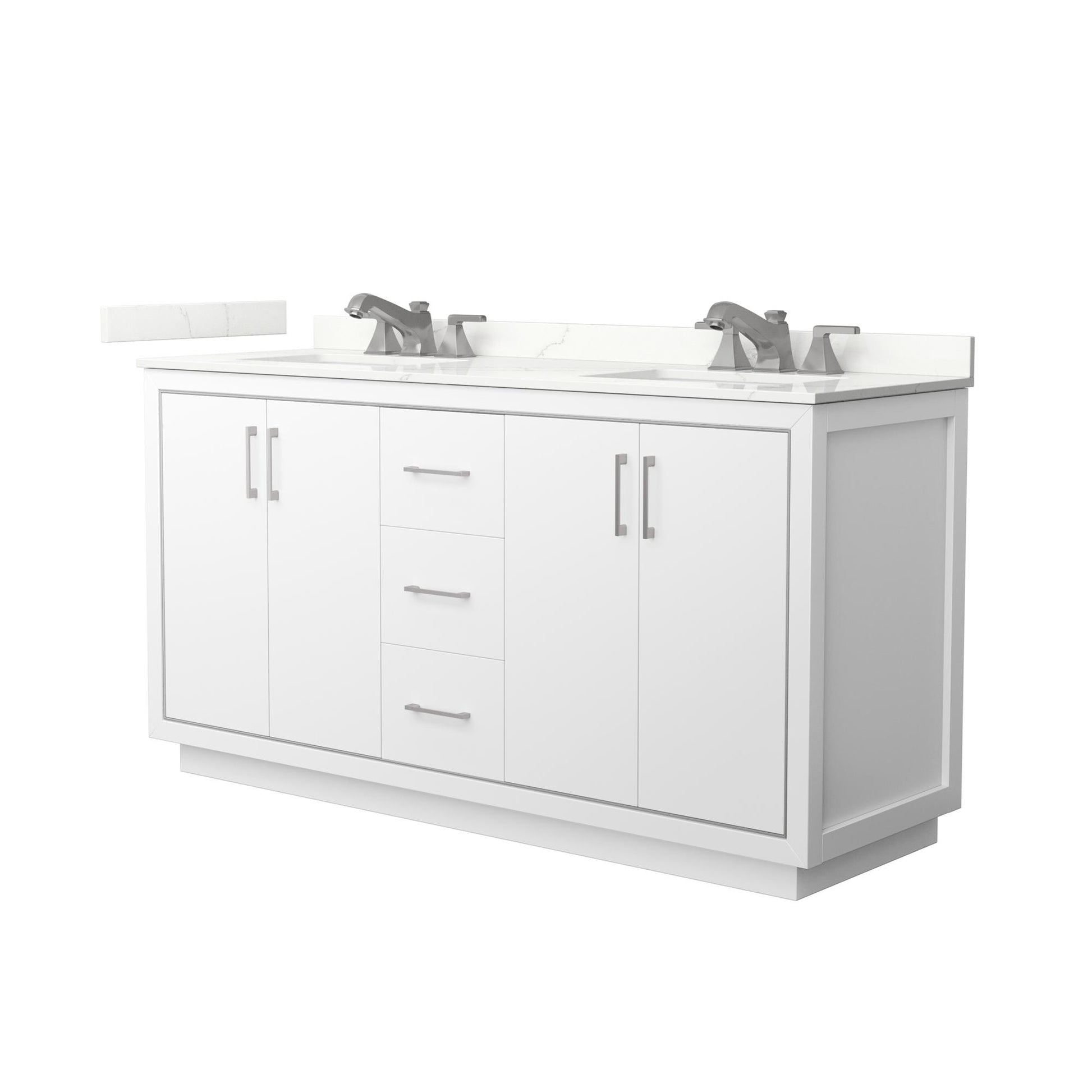 Wyndham Collection Icon 66" Double Bathroom Vanity in White, Giotto Quartz Countertop, Undermount Square Sinks (3-Hole), Brushed Nickel Trim