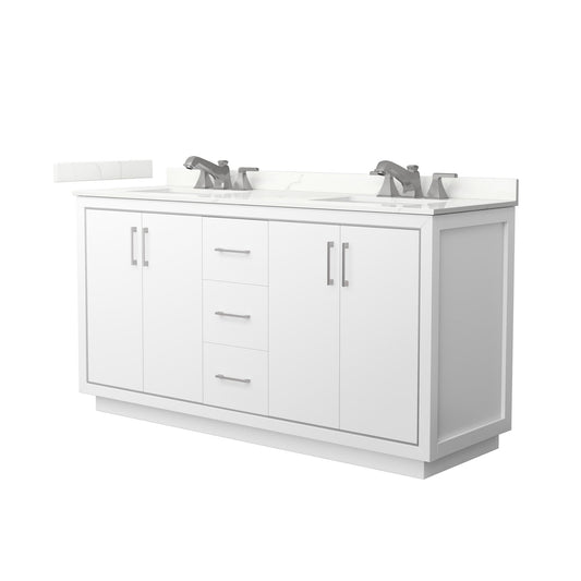 Wyndham Collection Icon 66" Double Bathroom Vanity in White, Giotto Quartz Countertop, Undermount Square Sinks (3-Hole), Brushed Nickel Trim