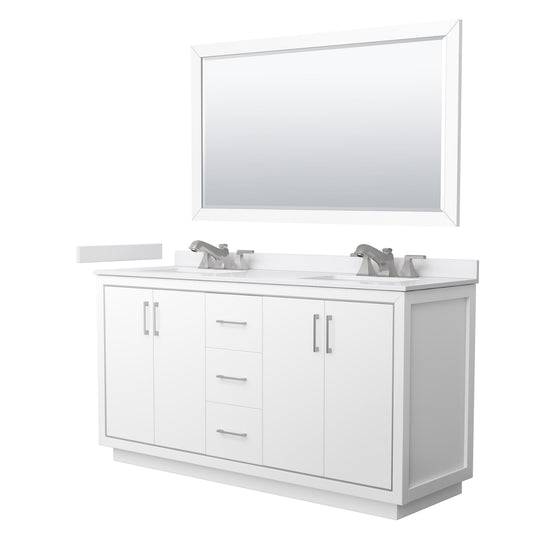 Wyndham Collection Icon 66" Double Bathroom Vanity in White, White Cultured Marble Countertop, Undermount Square Sinks (3-Hole), Brushed Nickel Trim, 58" Mirror