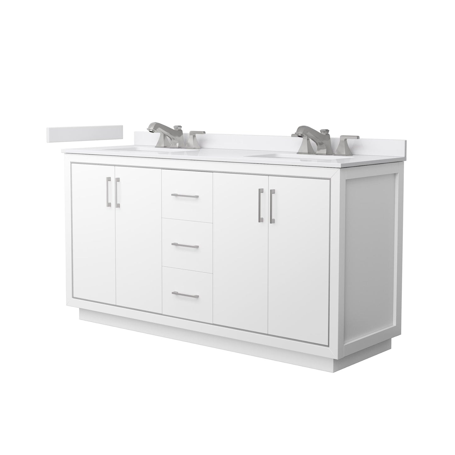 Wyndham Collection Icon 66" Double Bathroom Vanity in White, White Cultured Marble Countertop, Undermount Square Sinks (3-Hole), Brushed Nickel Trim