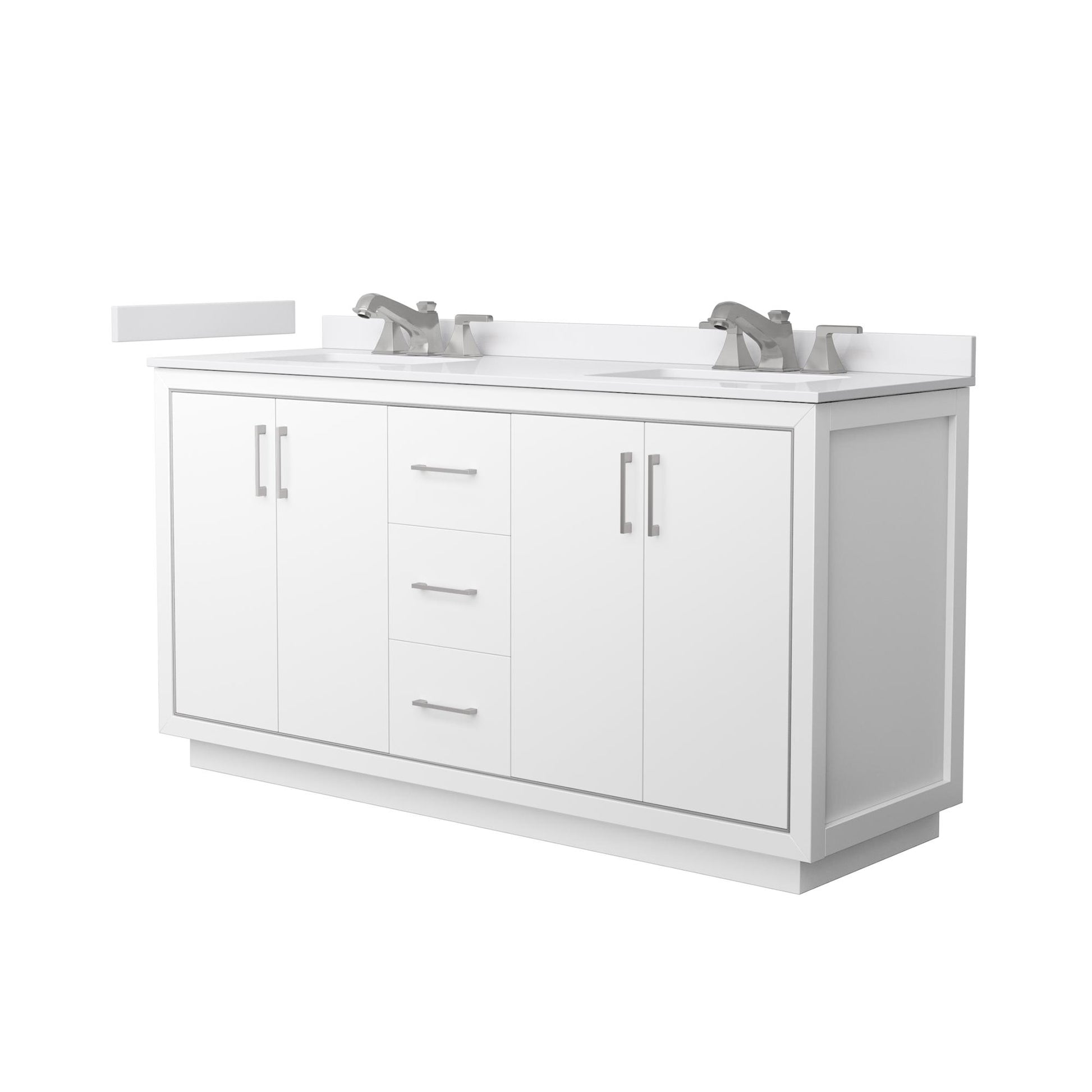 Wyndham Collection Icon 66" Double Bathroom Vanity in White, White Cultured Marble Countertop, Undermount Square Sinks (3-Hole), Brushed Nickel Trim
