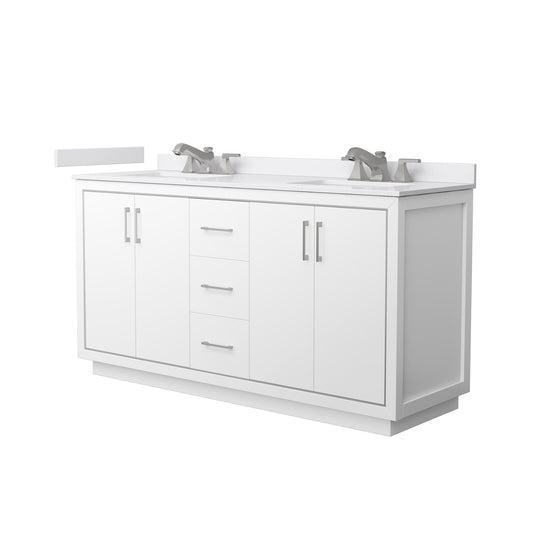 Wyndham Collection Icon 66" Double Bathroom Vanity in White, White Cultured Marble Countertop, Undermount Square Sinks (3-Hole), Brushed Nickel Trim