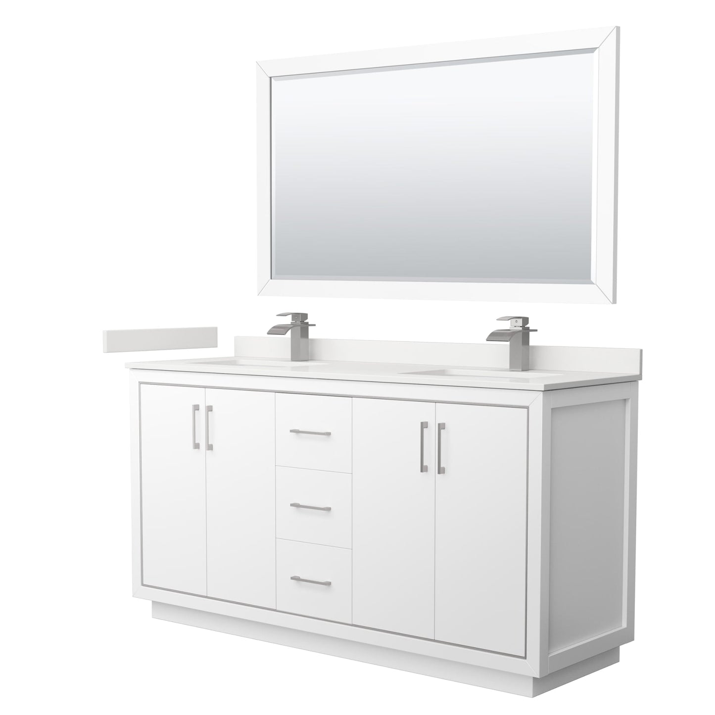 Wyndham Collection Icon 66" Double Bathroom Vanity in White, White Quartz Countertop, Undermount Square Sinks (1-Hole), Brushed Nickel Trim, 58" Mirror