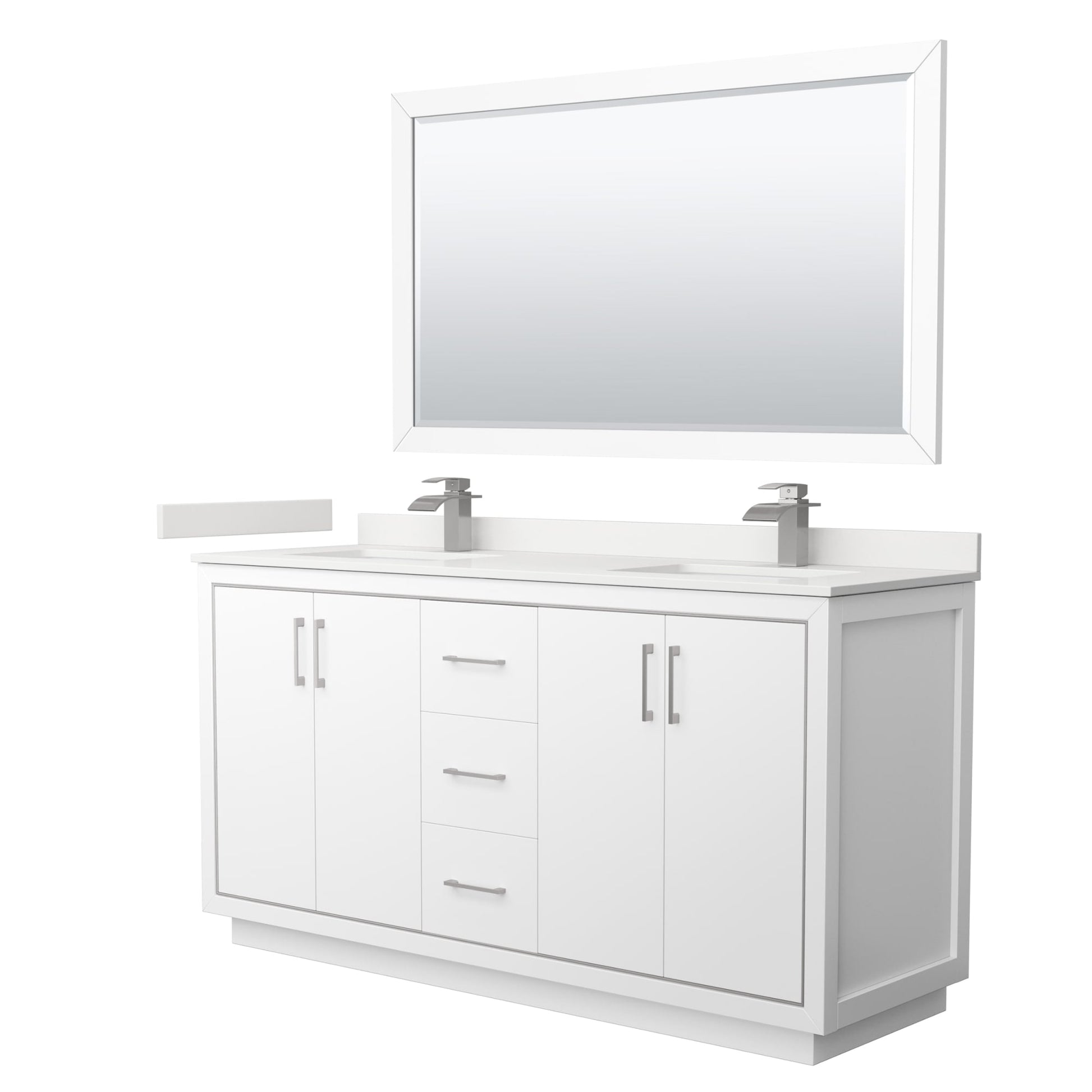 Wyndham Collection Icon 66" Double Bathroom Vanity in White, White Quartz Countertop, Undermount Square Sinks (1-Hole), Brushed Nickel Trim, 58" Mirror