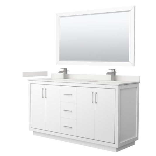 Wyndham Collection Icon 66" Double Bathroom Vanity in White, White Quartz Countertop, Undermount Square Sinks (1-Hole), Brushed Nickel Trim, 58" Mirror