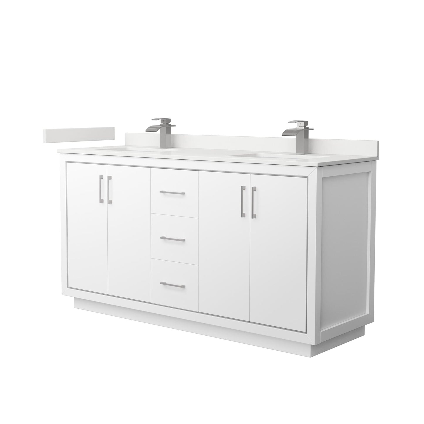 Wyndham Collection Icon 66" Double Bathroom Vanity in White, White Quartz Countertop, Undermount Square Sinks (1-Hole), Brushed Nickel Trim
